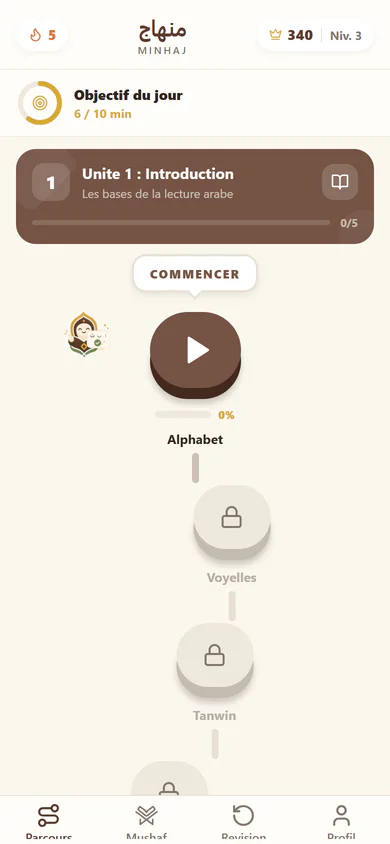 Écran du parcours progressif dans l’application Al Minhaj